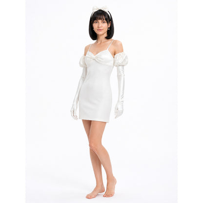Cosplay Costume White Dress with Bow and Black Wig Costume Dresses detail