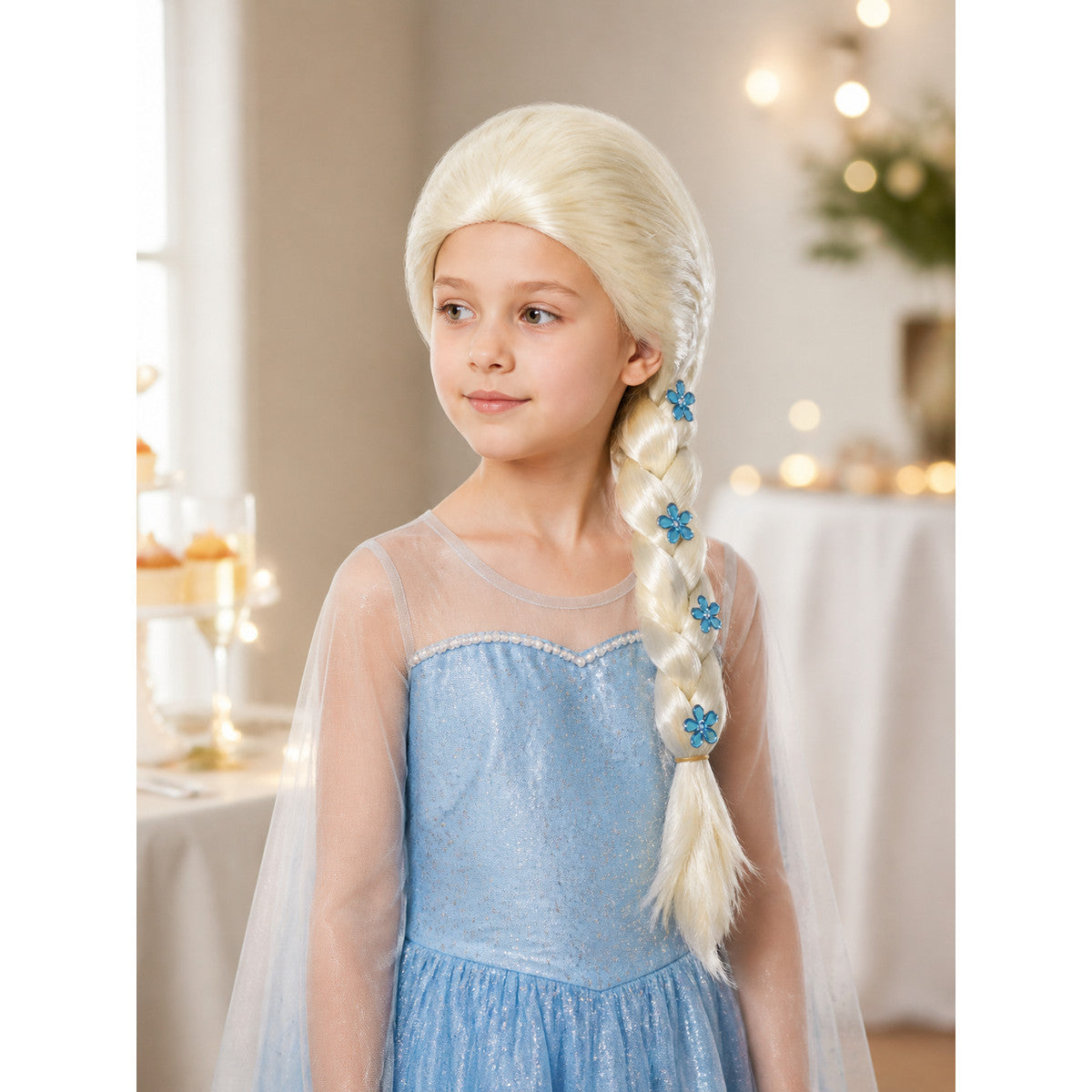 White Costume Wig with Blue Flowers and Long Braid lifestyle view