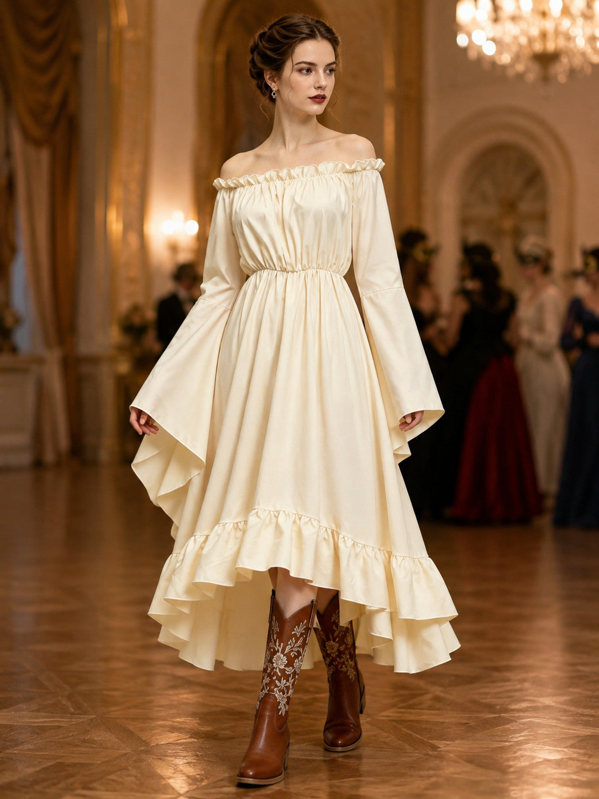 Cream Medieval-Style Ruffled Dress lifestyle view