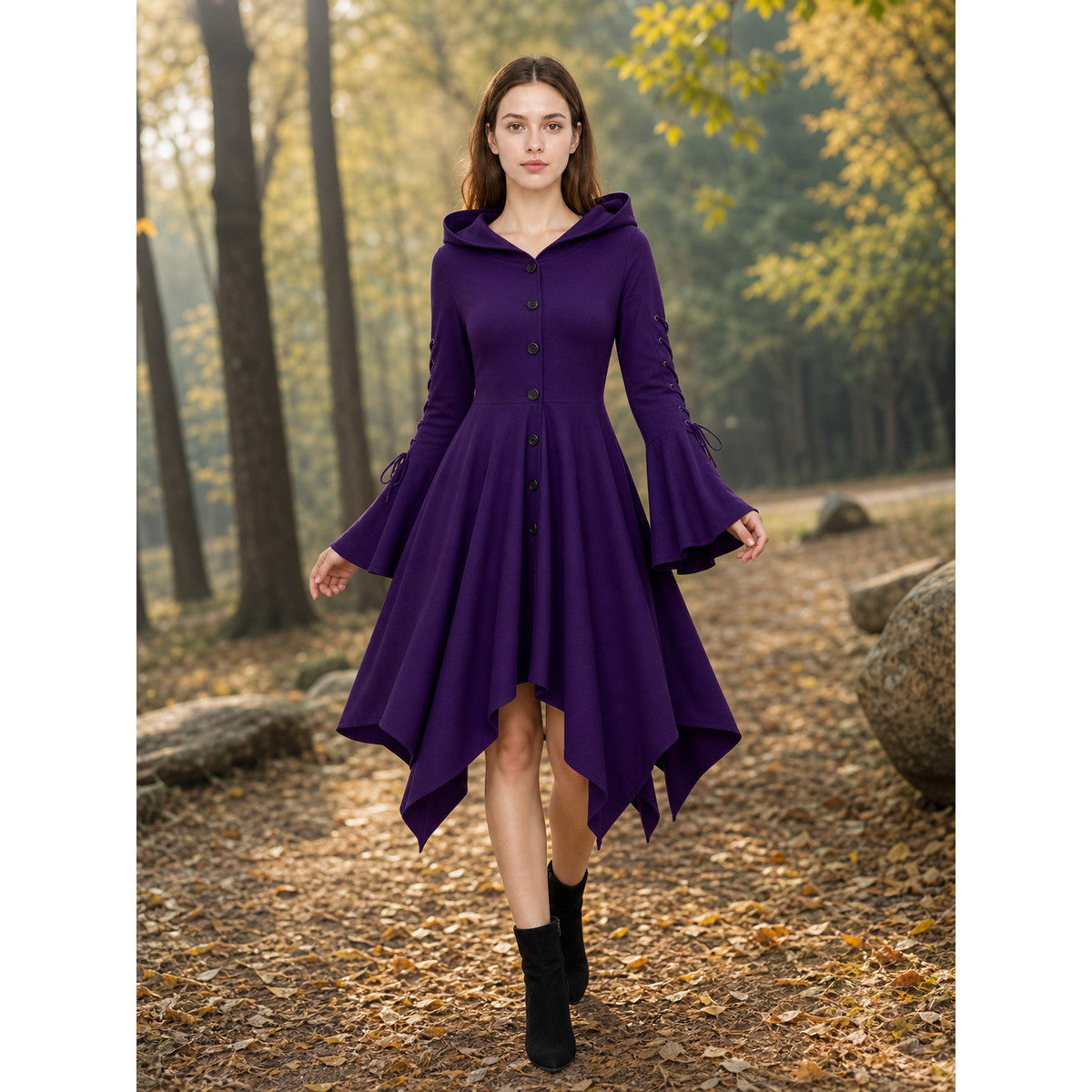 Gothic Hooded Dress with Flare and Asymmetry
