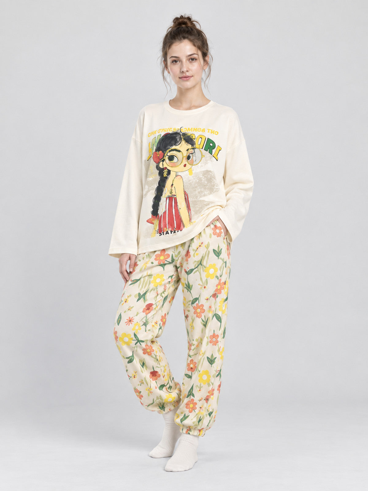 Pajama Set with Long-Sleeve Top and Long Pants with Cartoon Print