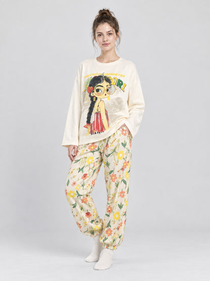 Pajama Set with Long-Sleeve Top and Long Pants with Cartoon Print