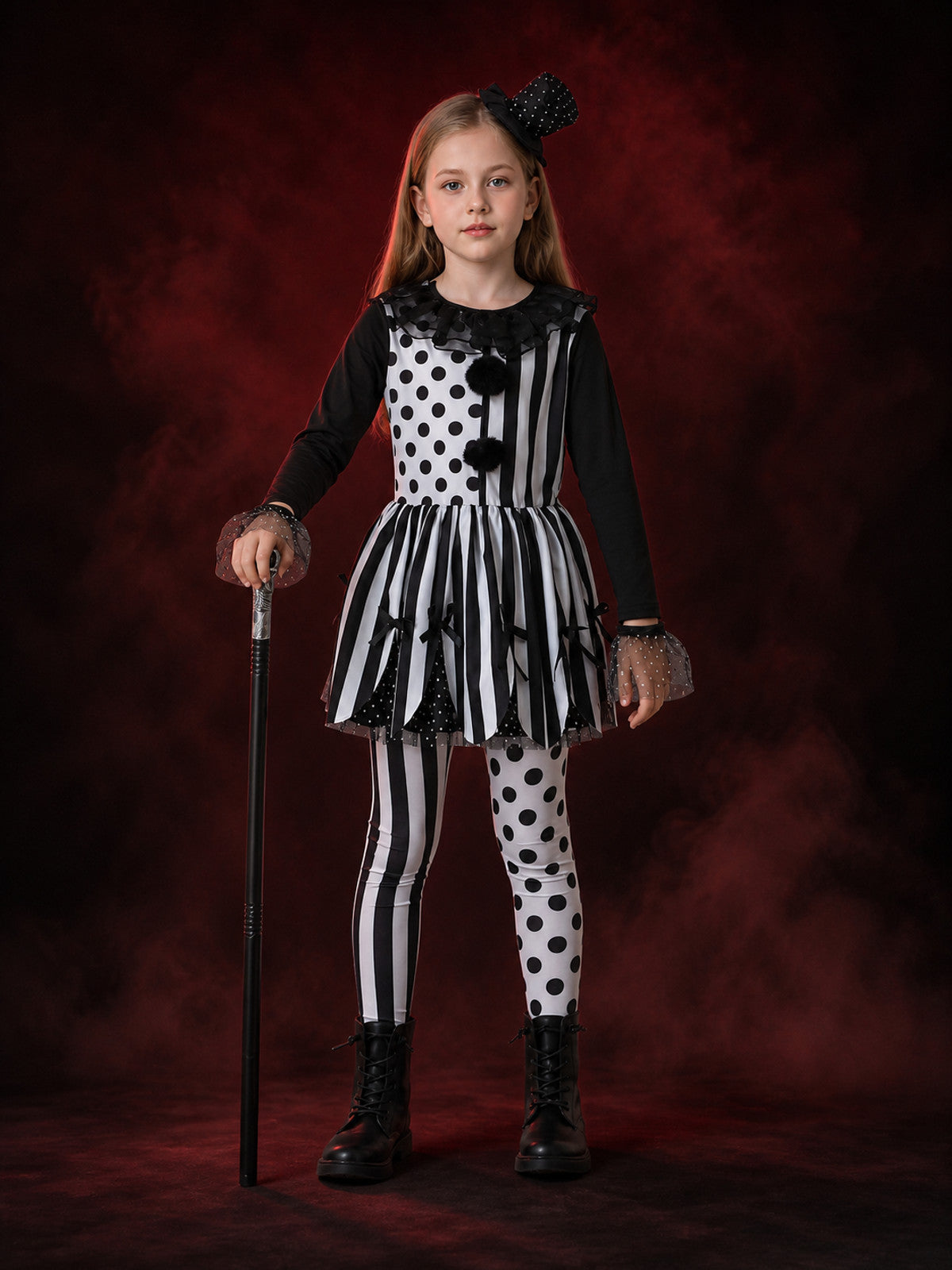 Girls Clown Circus Costume Set - Black & White Tutu Dress, Pants, Headpiece & main product view