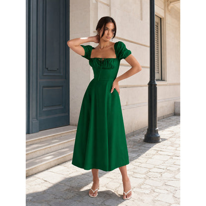 Women's Green Dress with Square Neckline and Lacing Costume Dresses detail