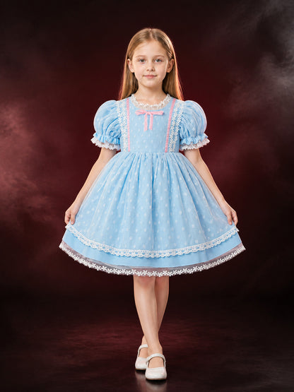 Baby Girls' Sky Blue Princess Dress with Pink Bow and Lace Trim main product view