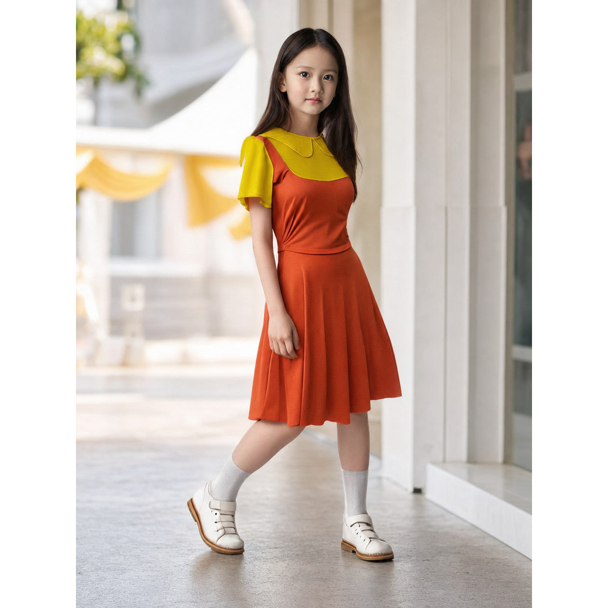Children’s Carnival Dress with Bright Color-Block Design lifestyle view