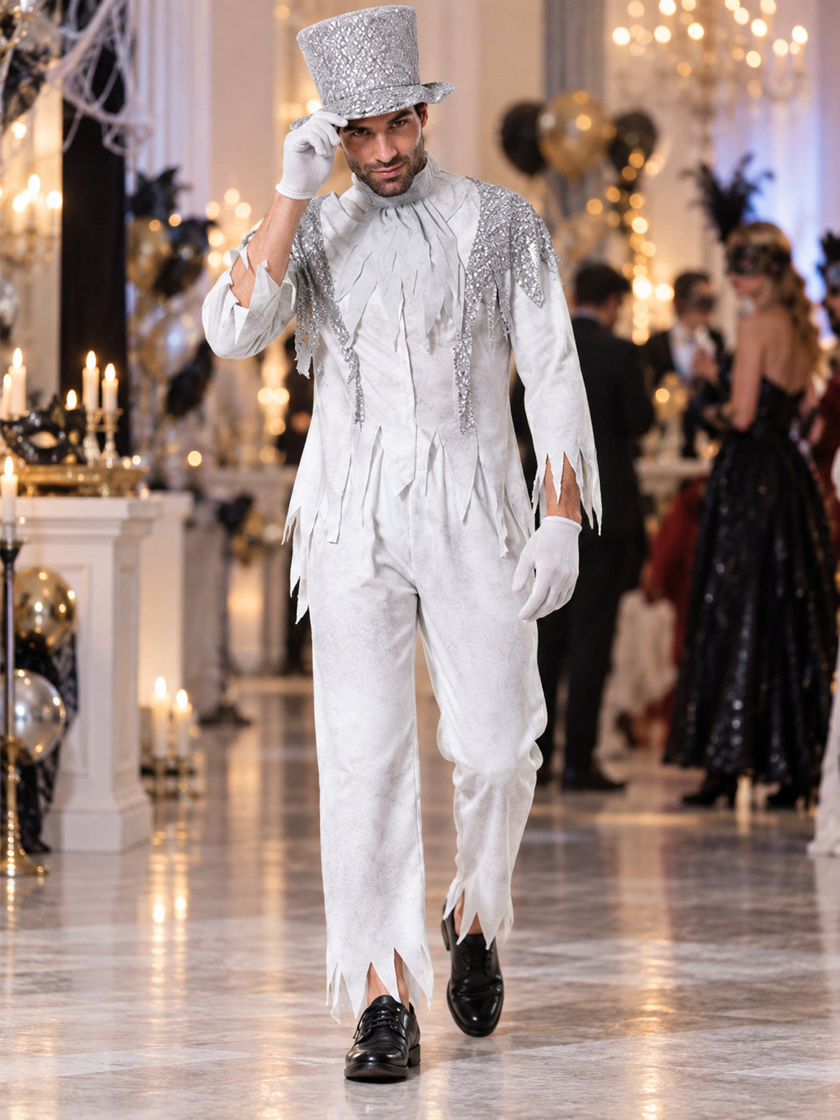 White vampire carnival costume with top hat and gloves
