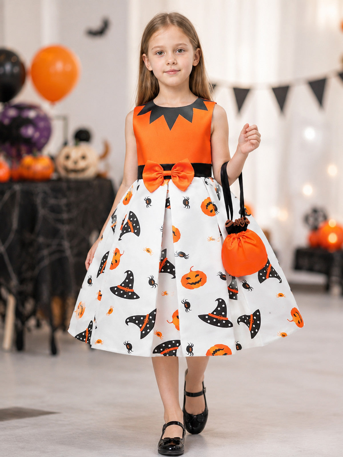 Children's Halloween Costume Dress with Orange Handbag lifestyle view
