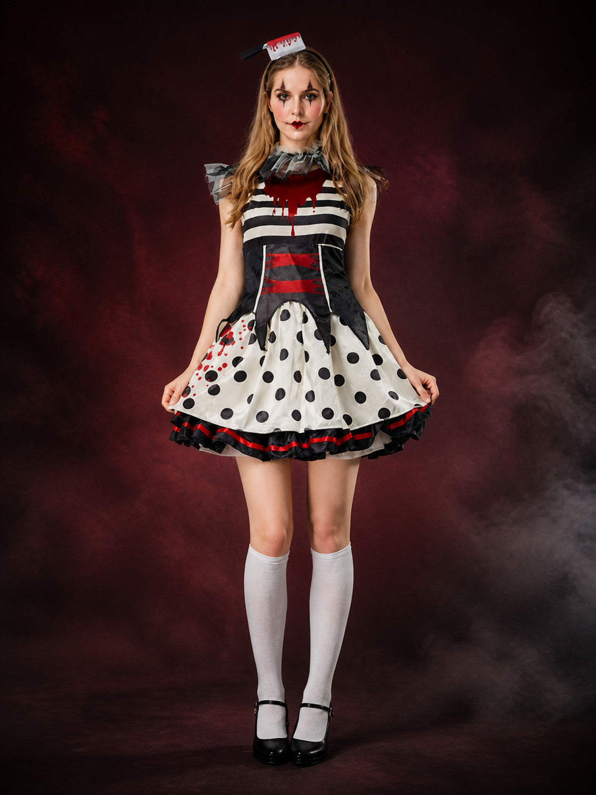 Circus Clown Cosplay Dress with Polka Dot Skirt and Blood Drip Print for