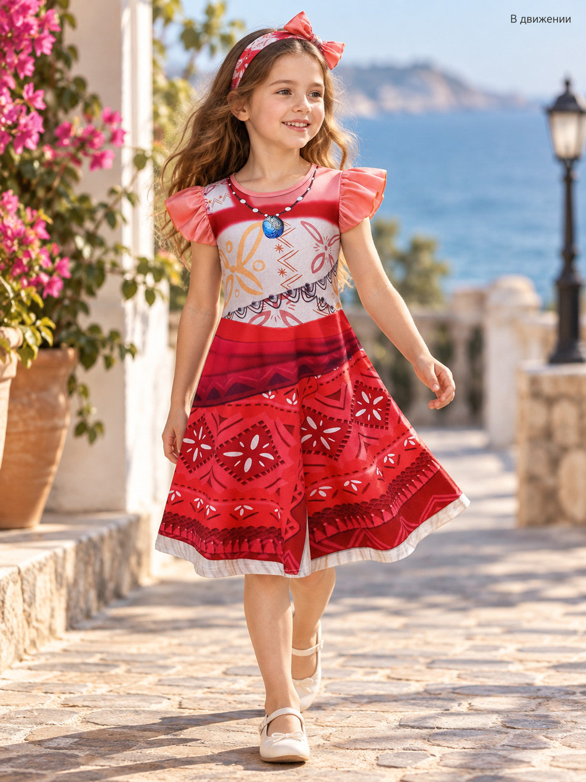 Girls' A-Line Dress with Geometric Print and Ruffles