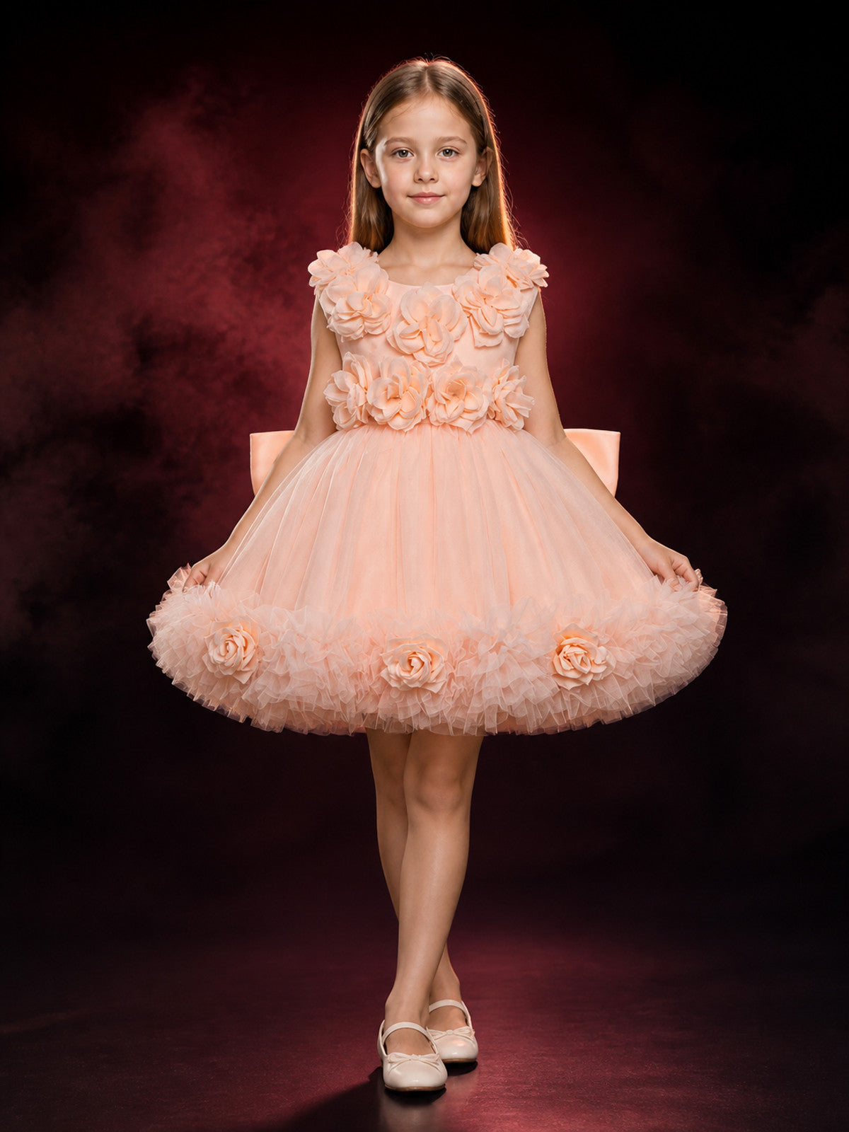 Girls' Princess Flower Girl Dress, Layered Tulle Rose Detail Ruffle Gown main product view