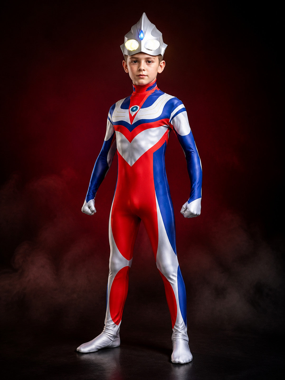 Silver Red Blue Superhero Bodysuit Costume With Helmet, Full-Body Cosplay Outfit main product view