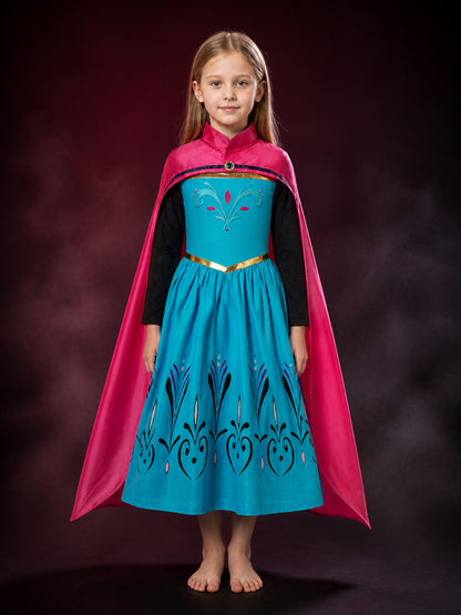 Kids Princess Costume Dress with Pink Cape, High Collar and Gold Details main product view