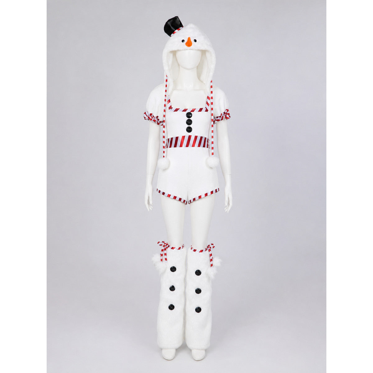 The Christmas Snowman costume is designed as a white snow character and includes a one-piece body with short sleeves and shorts, a white pointed hat, and white high leg gaiters. The design uses white, red, black, and orange colors. A red-an