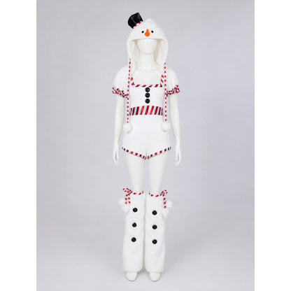 The Christmas Snowman costume is designed as a white snow character and includes a one-piece body with short sleeves and shorts, a white pointed hat, and white high leg gaiters. The design uses white, red, black, and orange colors. A red-an