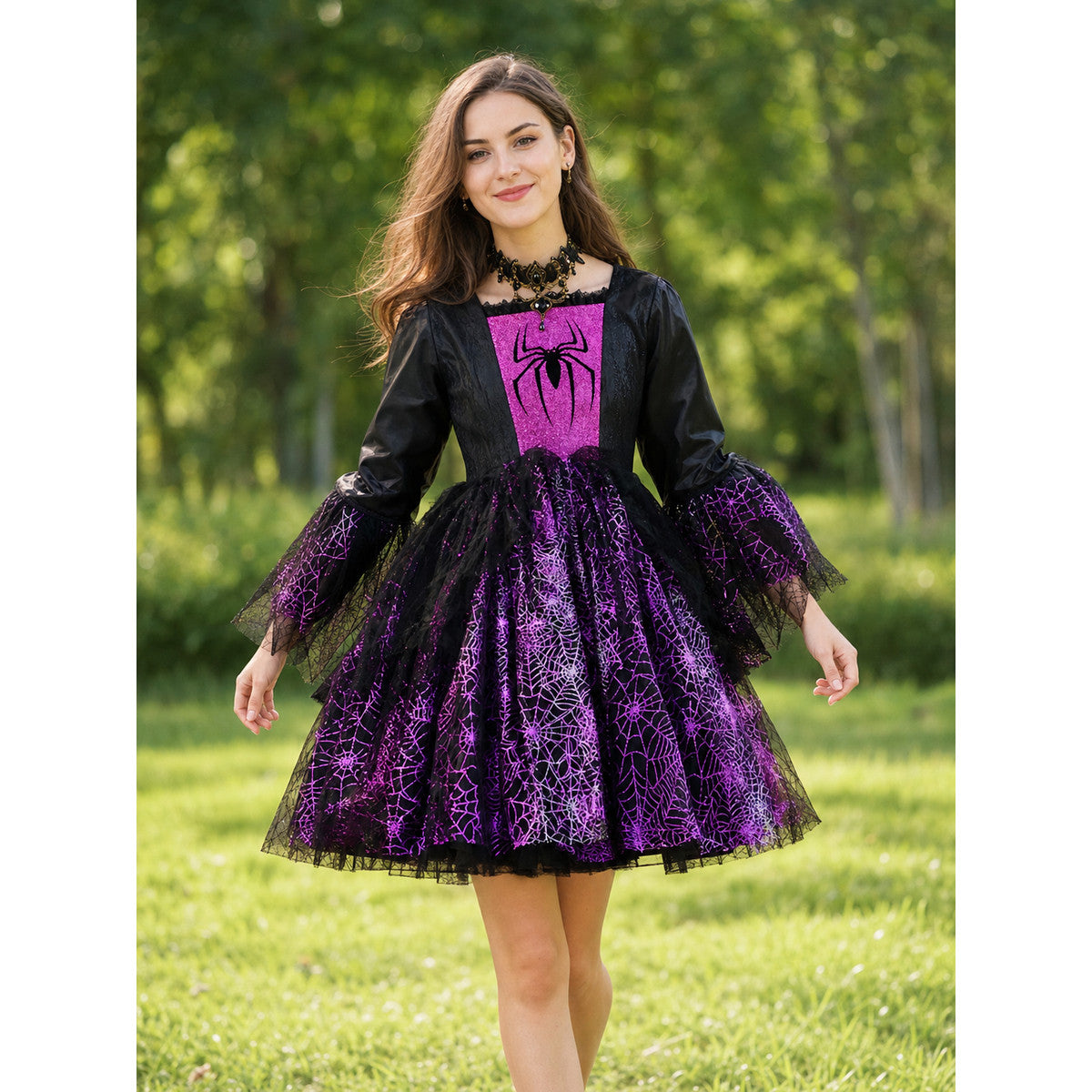 Girls' Halloween costume dress with spiderweb lifestyle view