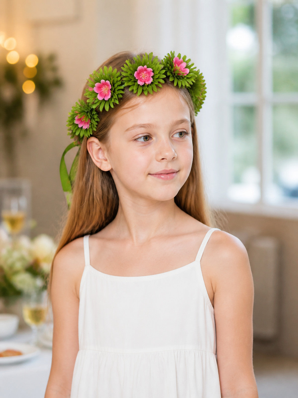 Carnival Headpiece: Pink Flowers and Green Leaves lifestyle view