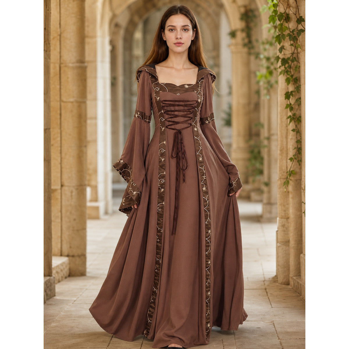Medieval Maxi Dress with Hood and Lace-Up Details