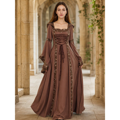 Medieval Maxi Dress with Hood and Lace-Up Details