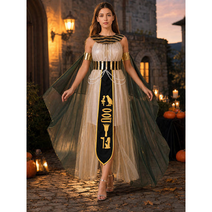 Women’s Egyptian Pharaoh Queen Halloween Cosplay Dress Set with Headpiece, Belt, Arm Accessories and Draped Sleeves for Stage Performance