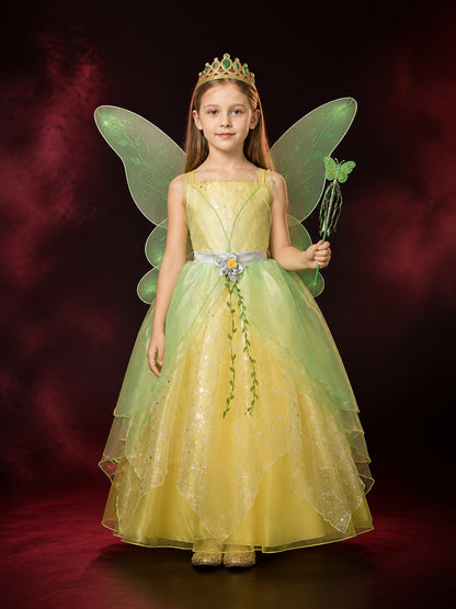 Girls Fairy Princess Costume Dress with Sparkling Tulle and Leaf Vine Pattern main product view