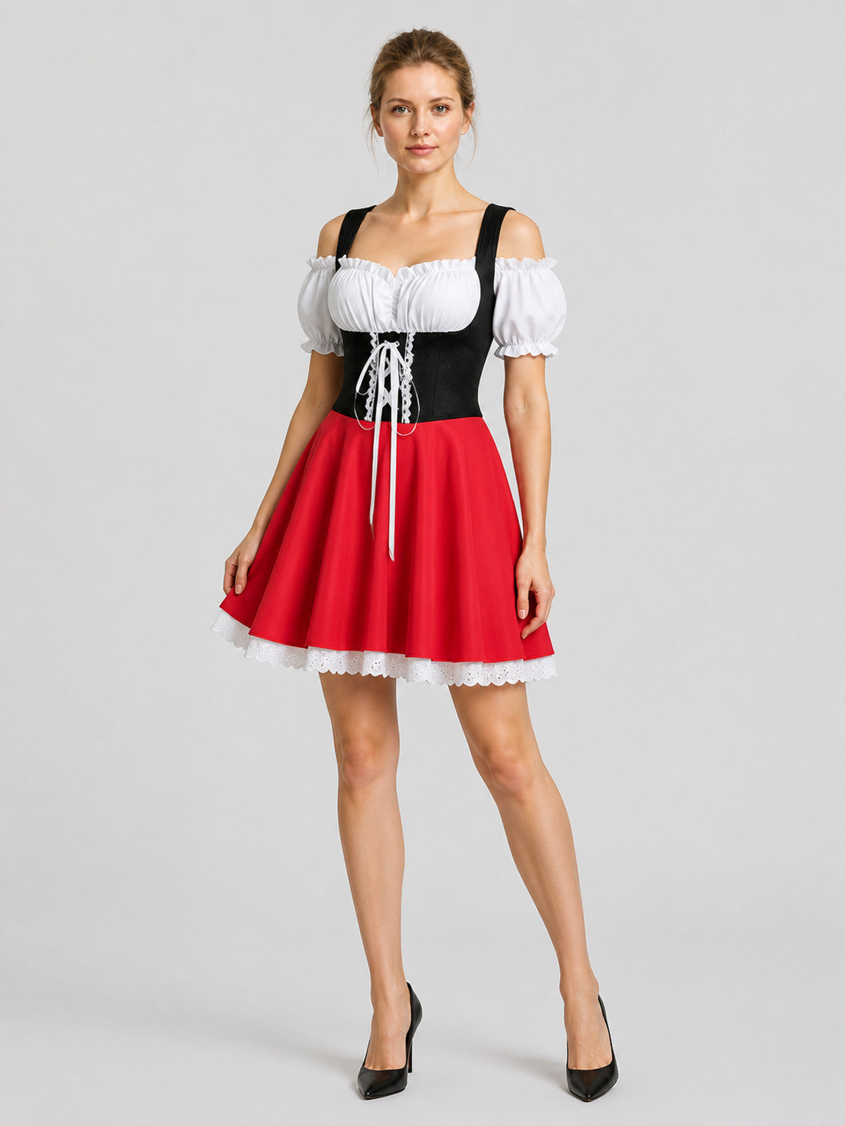Red, White, and Black Bavarian-Style Lace Dress Costume Dresses detail