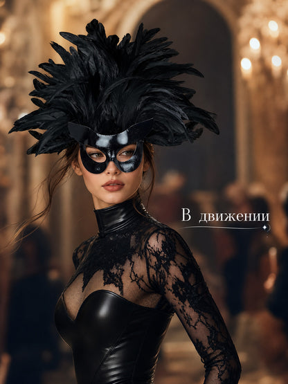Black feather eye mask worn by a model in a black outfit, shown in a styled indoor scene with Russian text