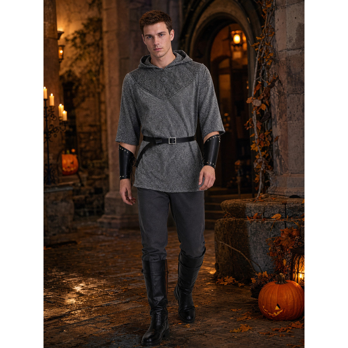 The costume is designed in the style of a medieval knight and is suitable for cosplay and stage performances. The set includes a gray hooded top with a layered front design, black pants, a belt, bracers, and greaves. The gray-and-black colo