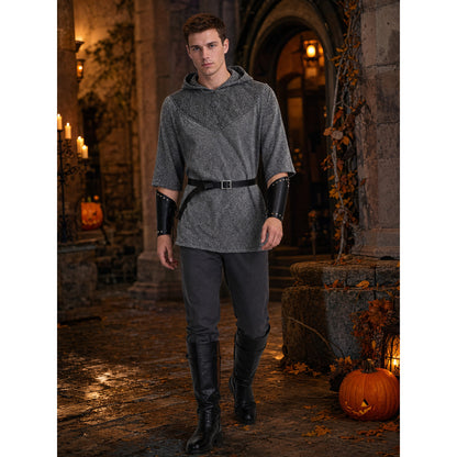 The costume is designed in the style of a medieval knight and is suitable for cosplay and stage performances. The set includes a gray hooded top with a layered front design, black pants, a belt, bracers, and greaves. The gray-and-black colo