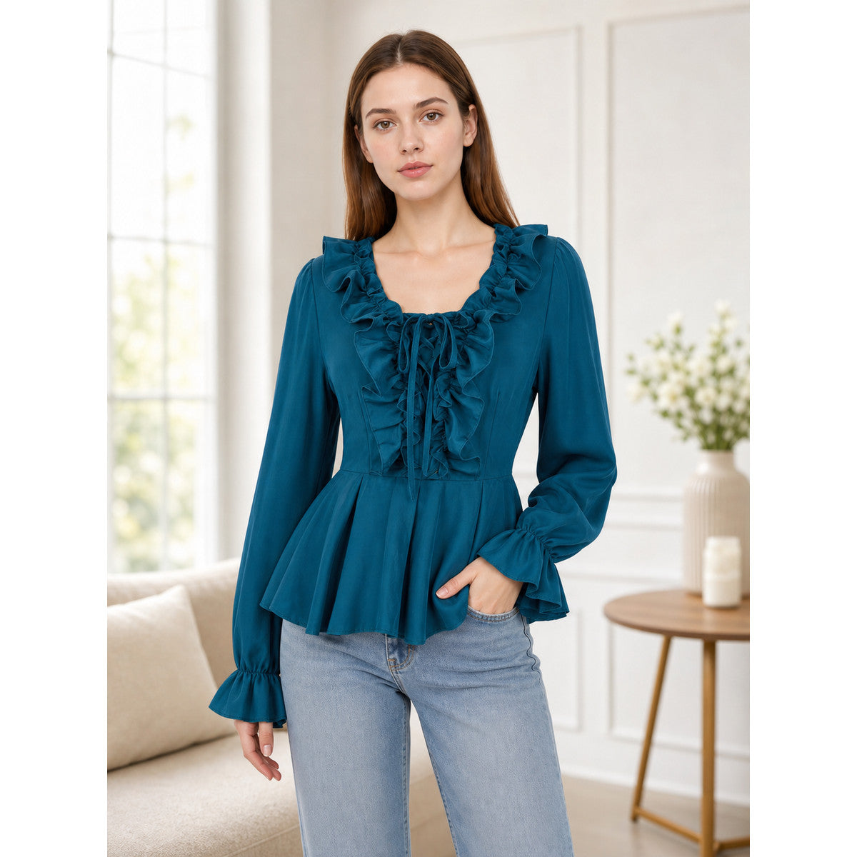 Renaissance Blouse with a Jabot, Lace-Up Detail, and Sleeves