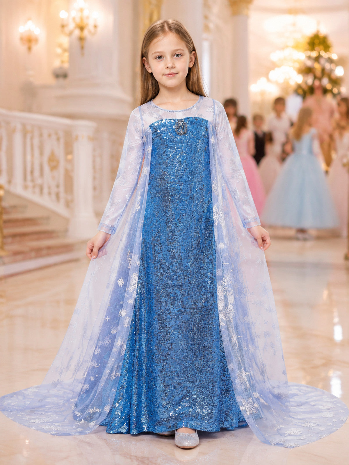 Floor-Length Dress with Snowflakes, Blue Embellishments, and a Train lifestyle view
