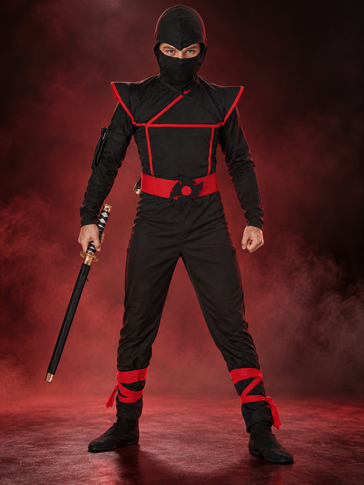 Kids' Ninja Costume Black with Red Trim, Mask, Belt