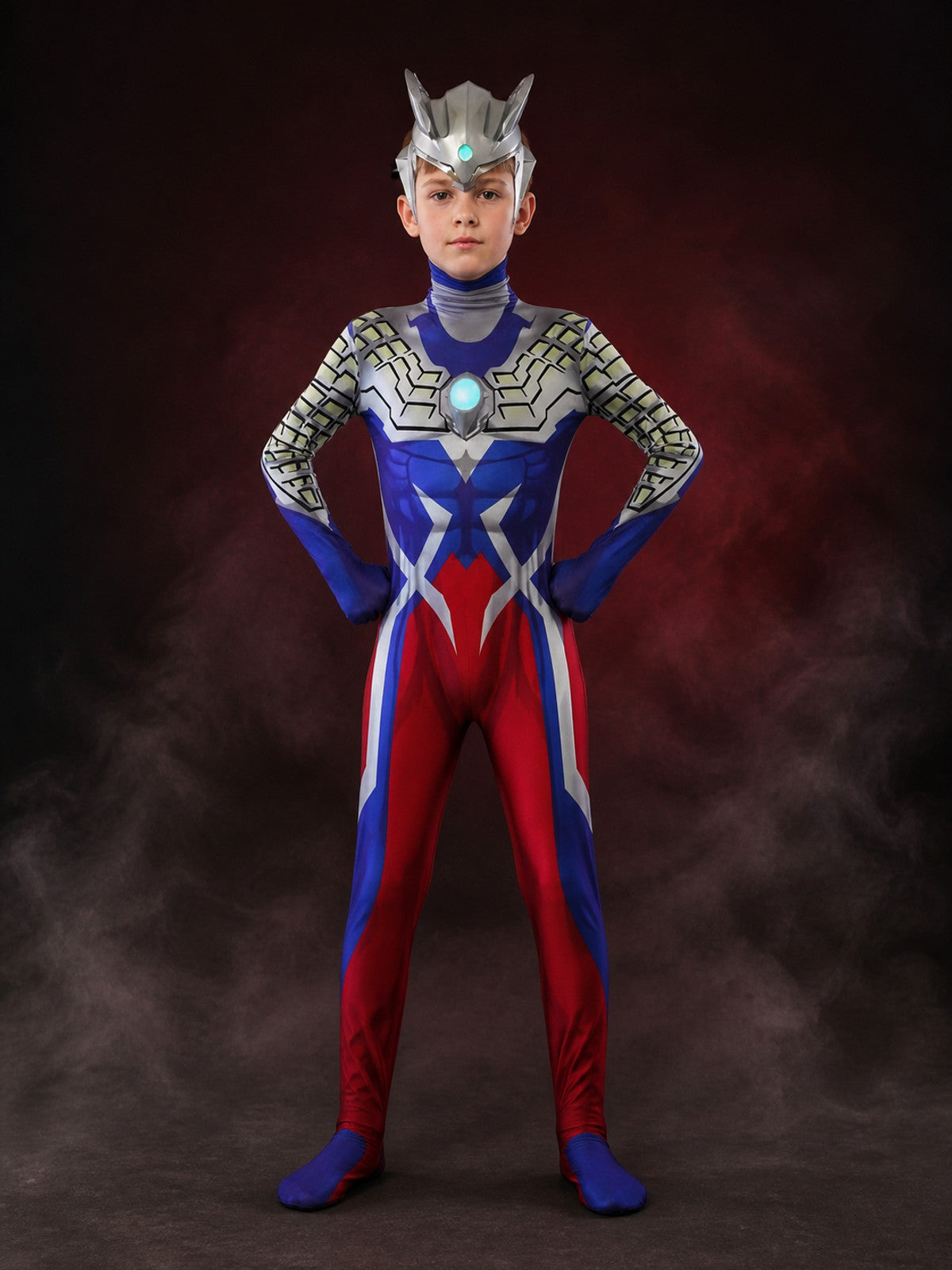 Silver Blue Red Superhero Bodysuit Costume With Helmet, Light-Up Details main product view