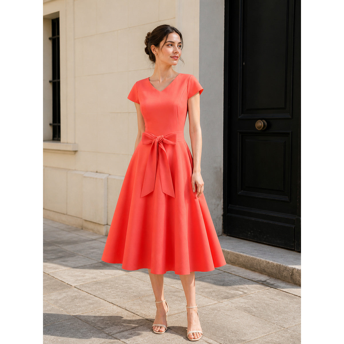 Coral V-Neck Dress with Large Bow lifestyle