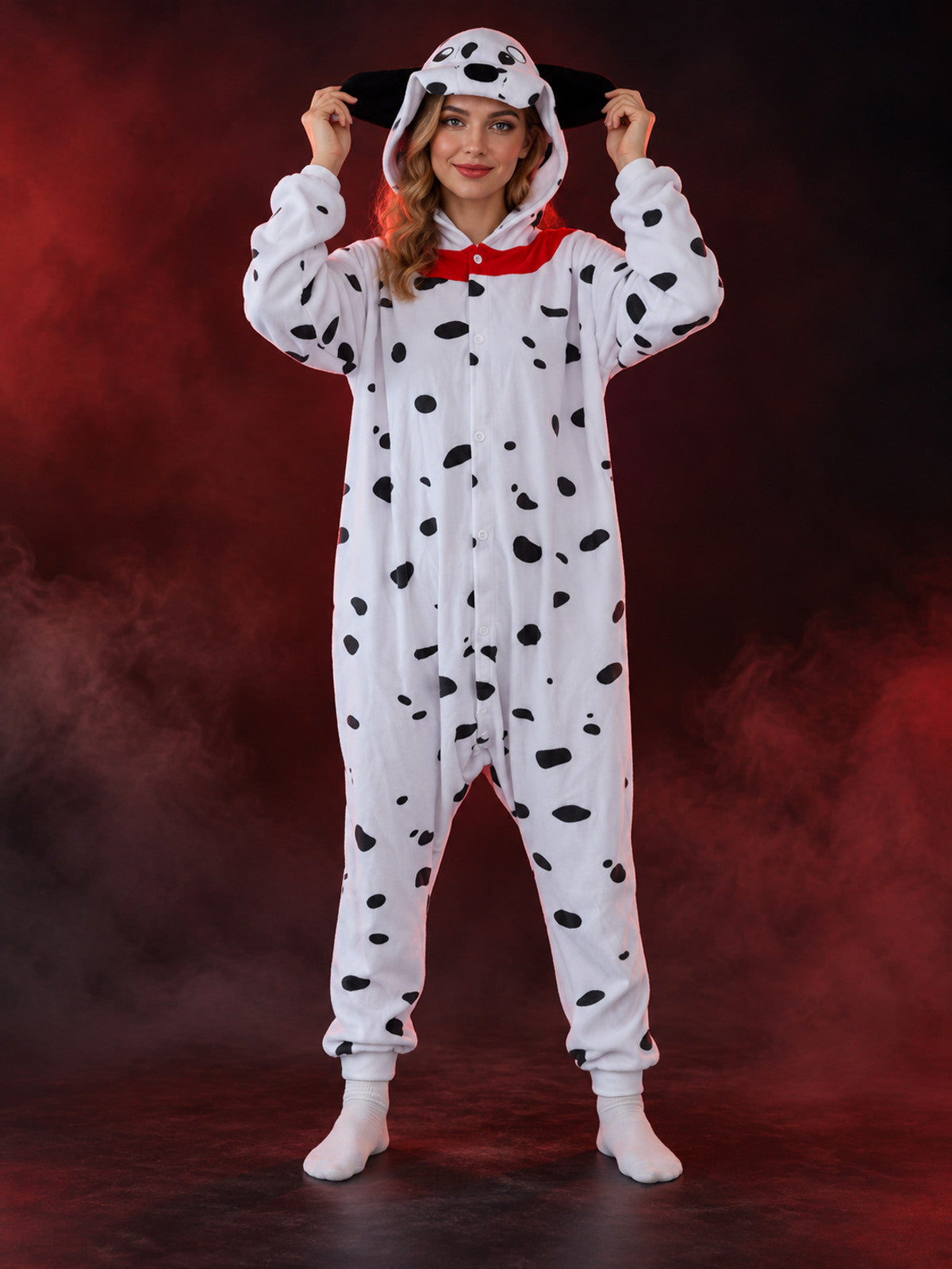 White pajama jumpsuit with black spots, dog hood