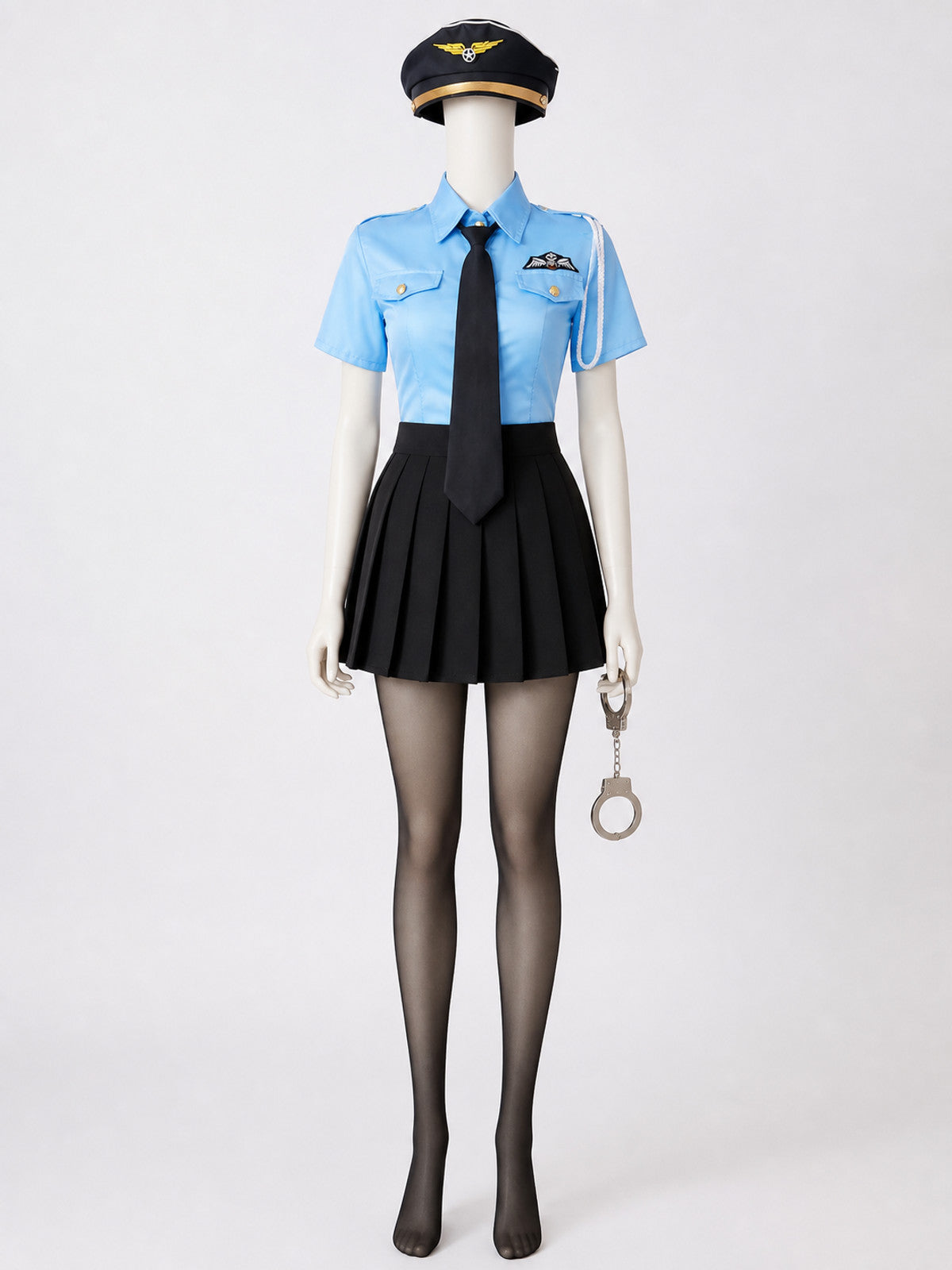 Women's Police Officer Costume Set with Light Blue Top, Pleated Skirt, Hat and main product view