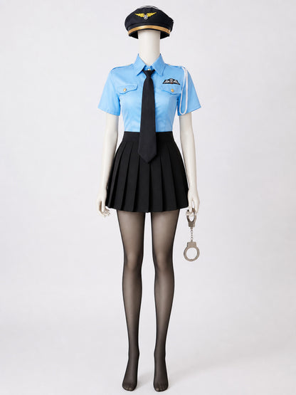 Women's Police Officer Costume Set with Light Blue Top, Pleated Skirt, Hat and main product view