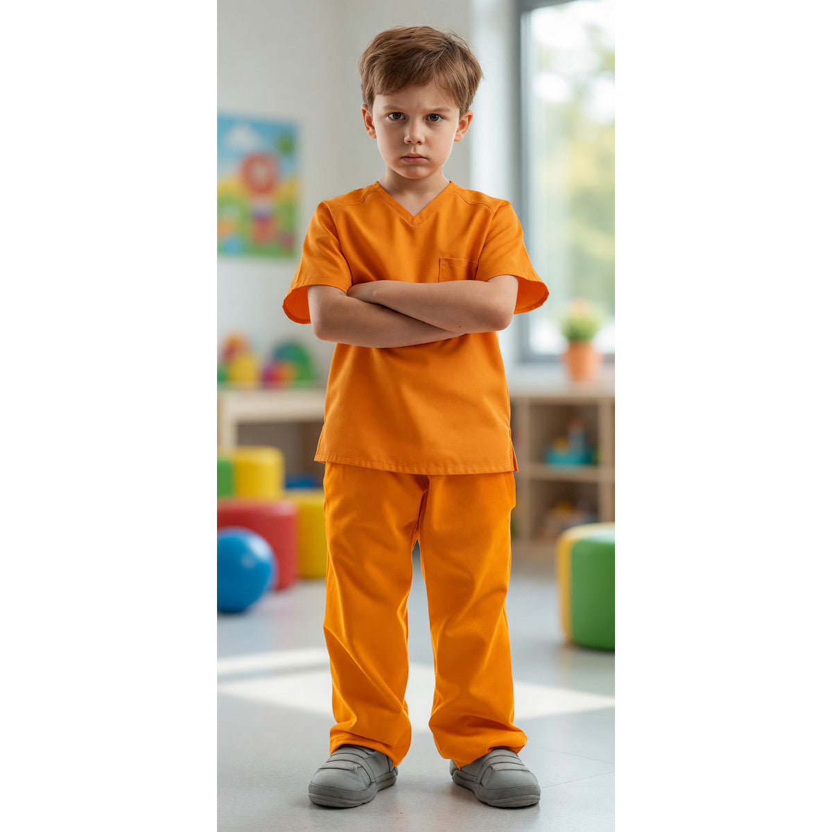 Child wearing an orange shirt and matching pants with gray shoes in a colorful indoor styled scene