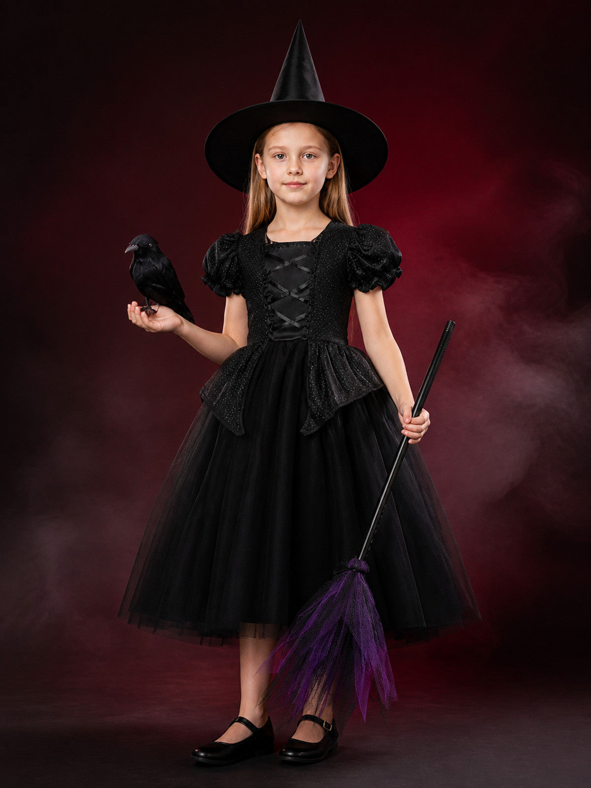Kids' Purple and Black Witch Costume Dress Set with Hat, Broom and Crow main product view