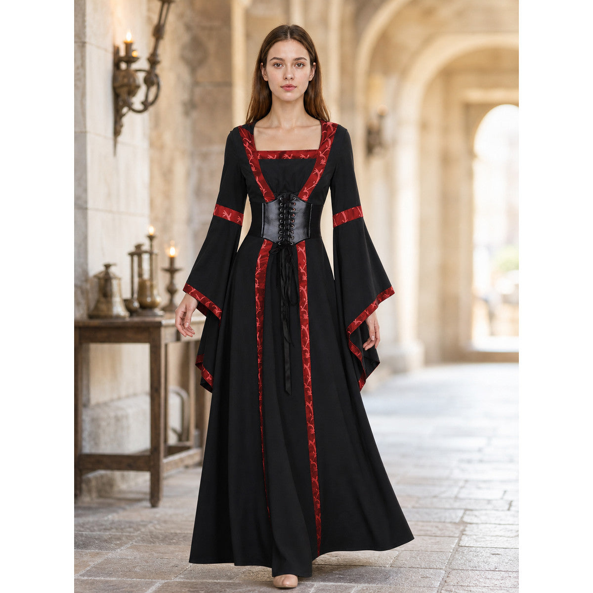 Black Gothic Hooded Dress with Lace-Up Detail
