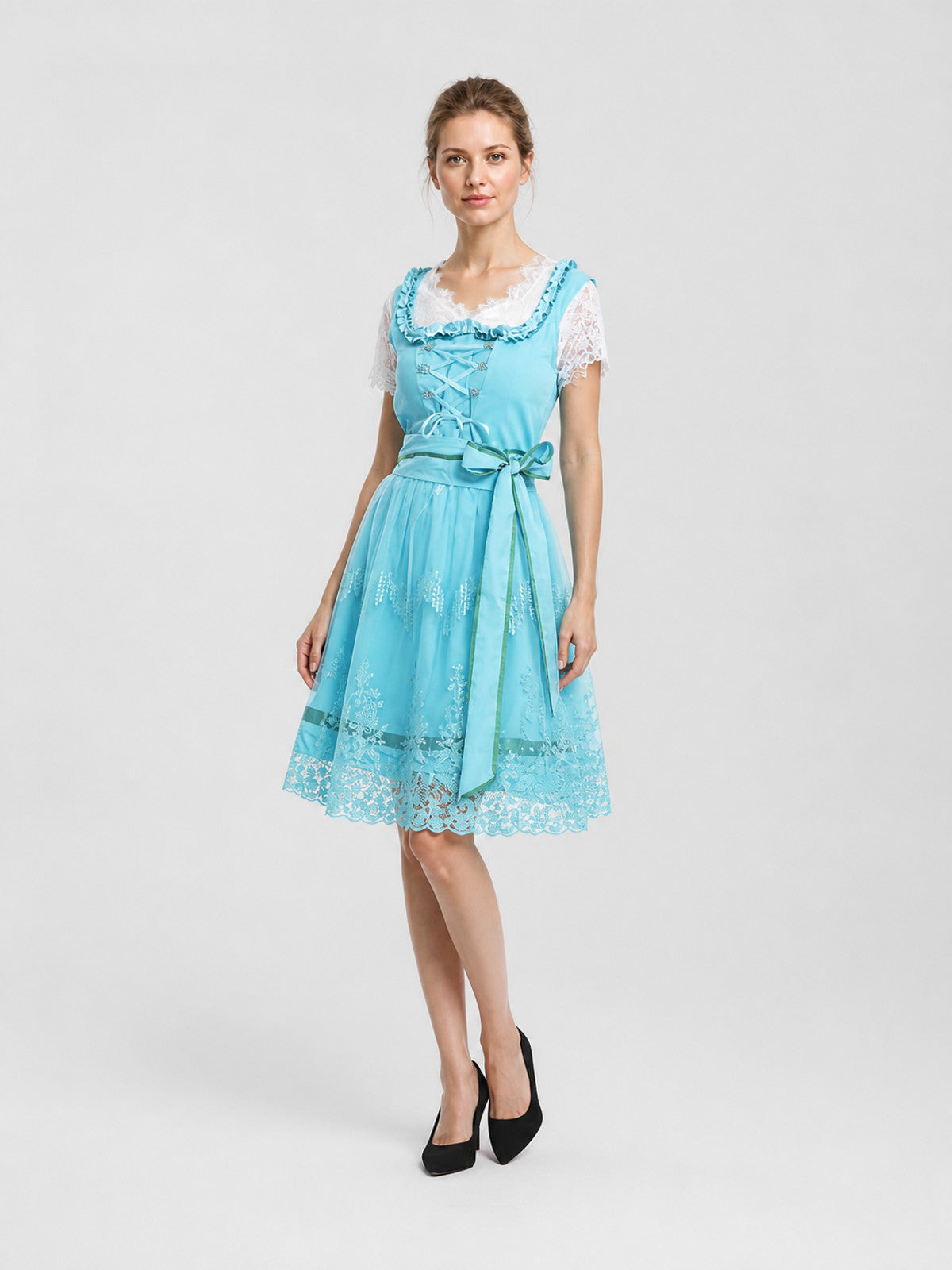 Short Light Blue Dress with Lace and Lacing Costume Dresses detail