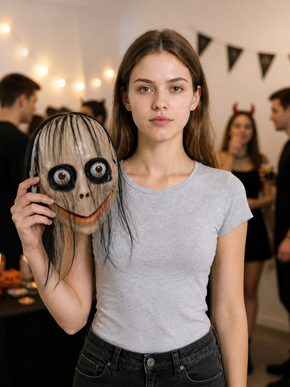 Scary Carnival Clown Mask with Black Hair lifestyle view