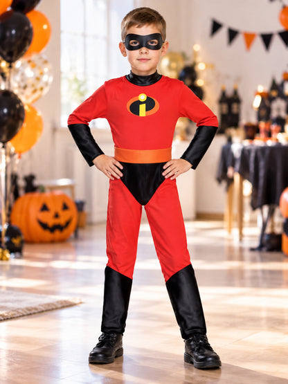 Kids' superhero carnival costume with mask and emblem
