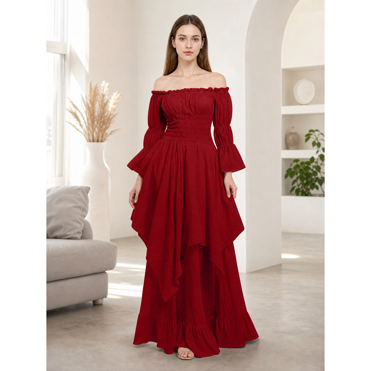 Burgundy Off-the-Shoulder Retro-Style Dress lifestyle view