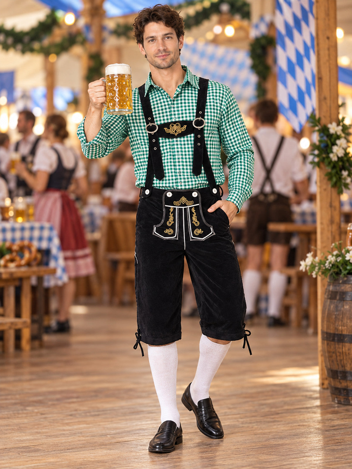 Oktoberfest Costume: Green Plaid, Black Breeches