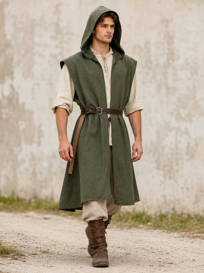 Medieval Fantasy Role Play Costume Set, 2-Piece Olive Green Hooded Sleeveless
