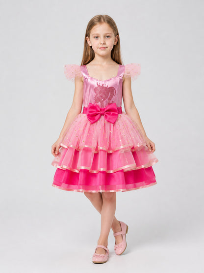 Pink Princess Dress with Layers, a Bow, and Tulle