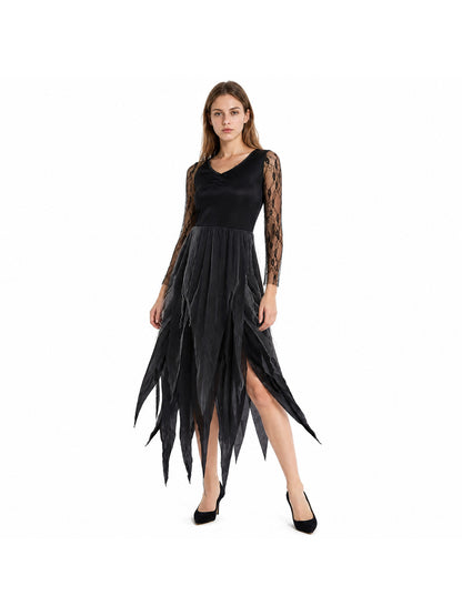 Long Black Gothic Dress with Ripped Hem Costume Dresses detail
