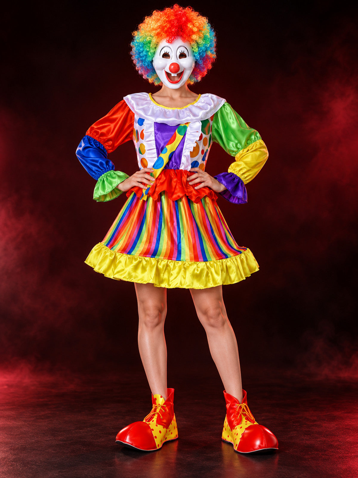 Colorful Clown Costume for Adults: Dress, Wig, Mask