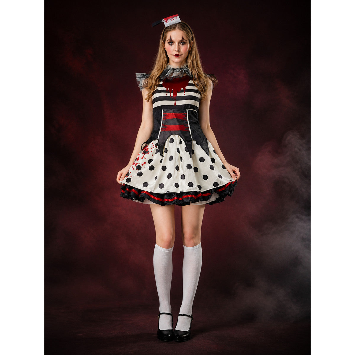 Circus Clown Cosplay Dress with Polka Dot Skirt and Blood Drip Print for main product view